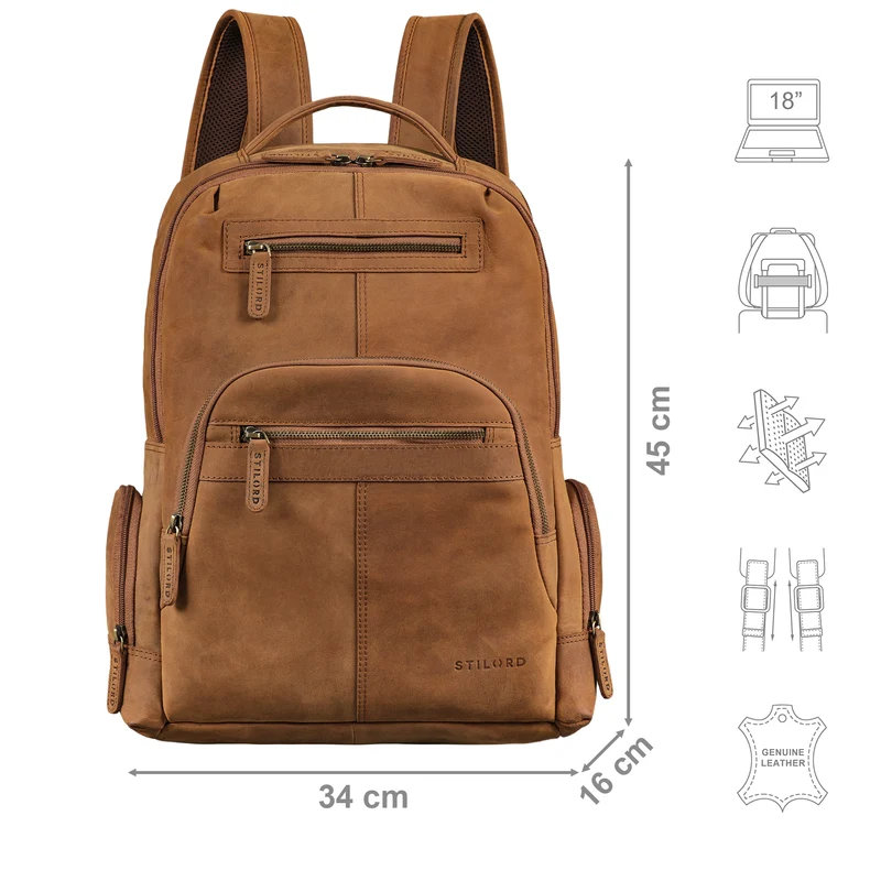 "Riccardo" Robuster Leder Laptoprucksack 18 Zoll für Herren & Damen
