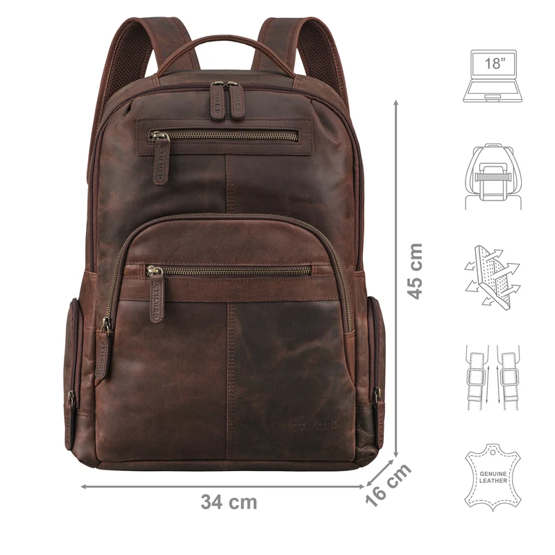 "Riccardo" Robuster Leder Laptoprucksack 18 Zoll für Herren & Damen