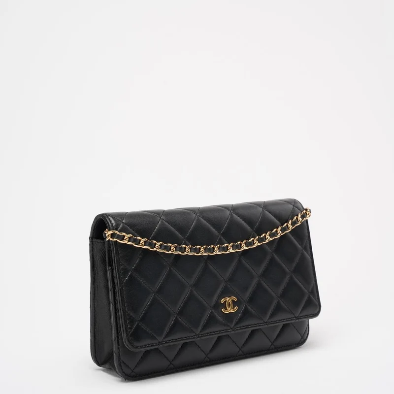 Chanel Schwarze Geldbörse auf Kettentasche Lammleder 2019