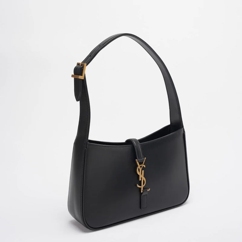 Saint Laurent Le 5 a 7 Schwarze Hobo-Tasche mit goldenen Metallteilen