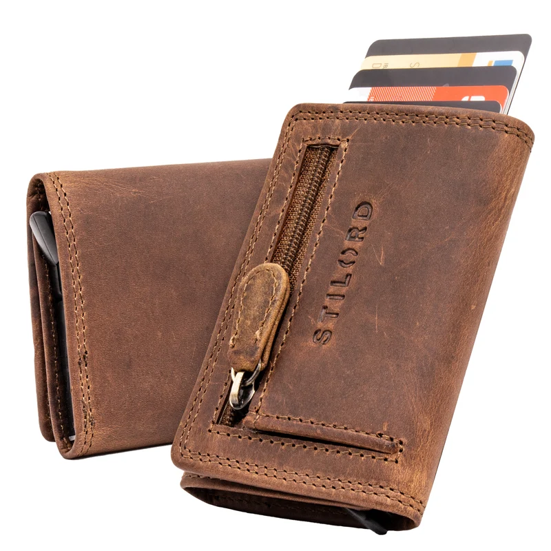"Roy" Leder Mini Slim Wallet Herren mit Münzfach RFID Schutz Pop Up