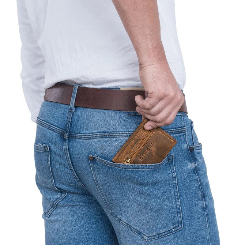 "Roy" Leder Mini Slim Wallet Herren mit Münzfach RFID Schutz Pop Up