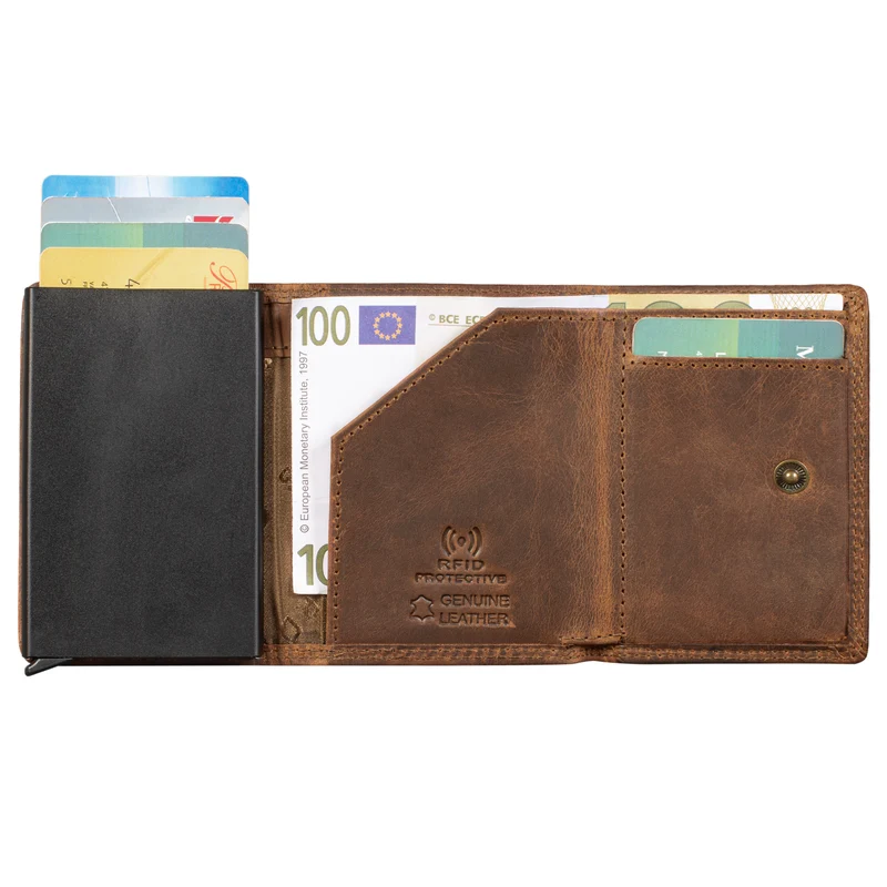 "Roy" Leder Mini Slim Wallet Herren mit Münzfach RFID Schutz Pop Up