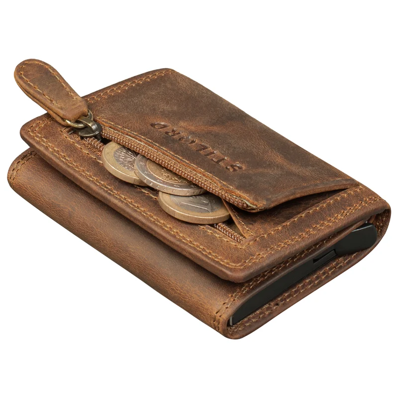 "Roy" Leder Mini Slim Wallet Herren mit Münzfach RFID Schutz Pop Up