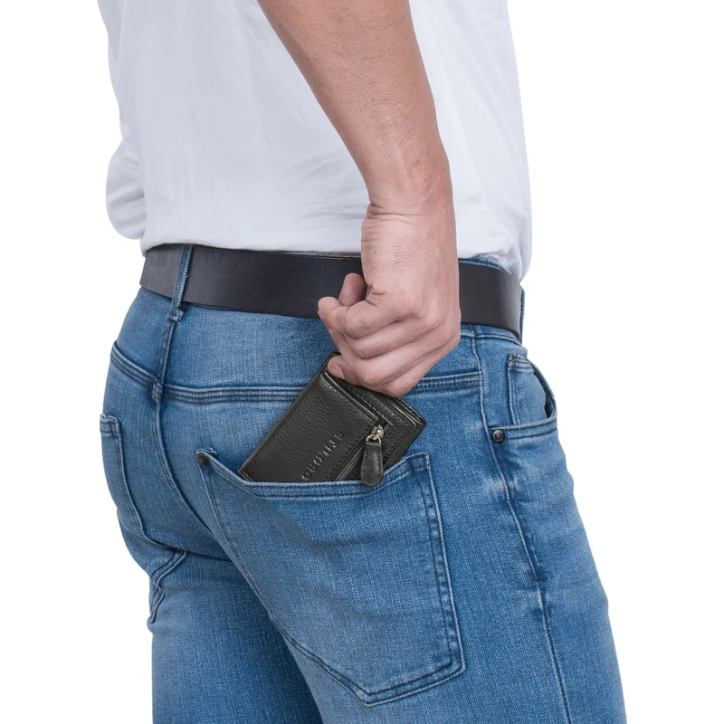 "Roy" Leder Mini Slim Wallet Herren mit Münzfach RFID Schutz Pop Up
