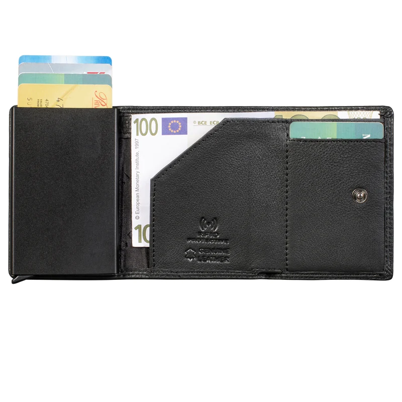 "Roy" Leder Mini Slim Wallet Herren mit Münzfach RFID Schutz Pop Up