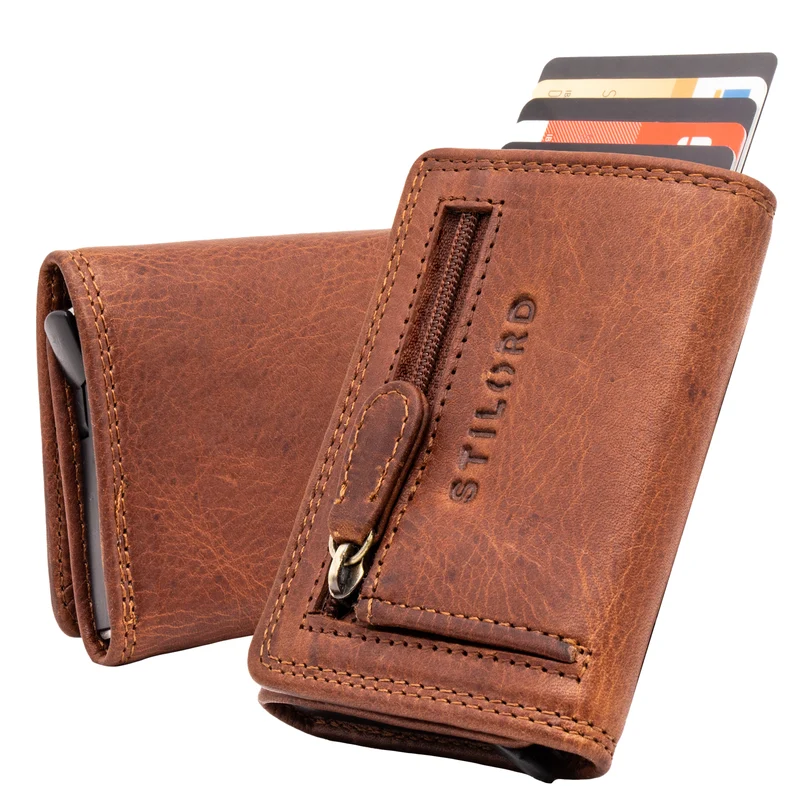 "Roy" Leder Mini Slim Wallet Herren mit Münzfach RFID Schutz Pop Up