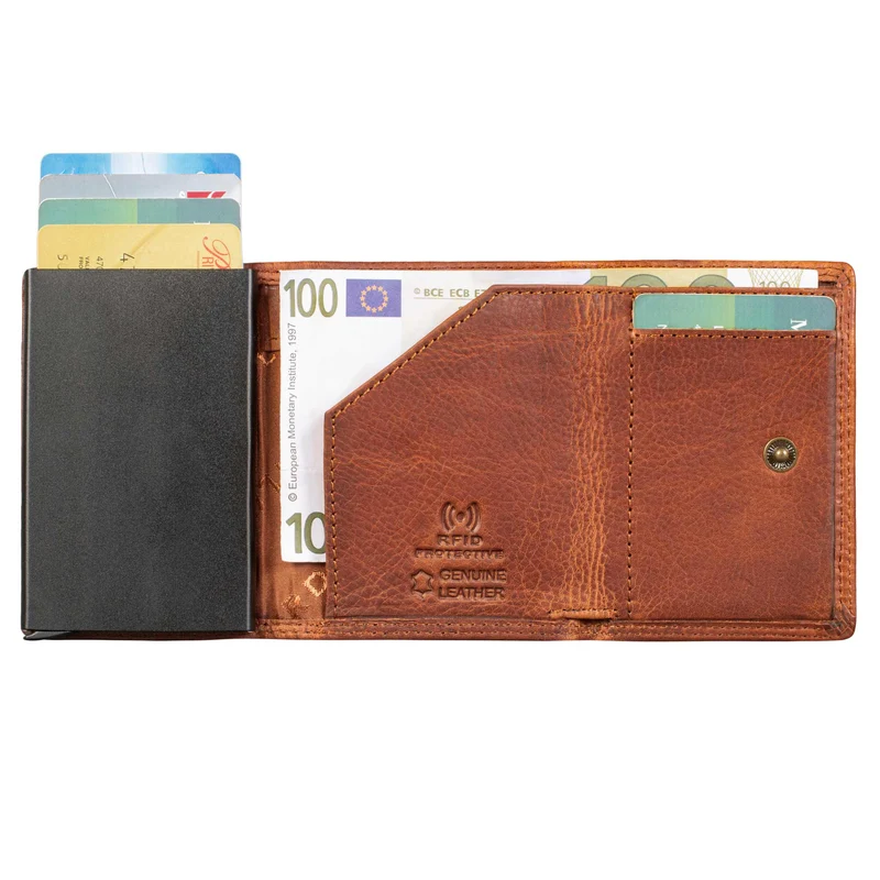 "Roy" Leder Mini Slim Wallet Herren mit Münzfach RFID Schutz Pop Up
