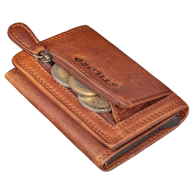 "Roy" Leder Mini Slim Wallet Herren mit Münzfach RFID Schutz Pop Up