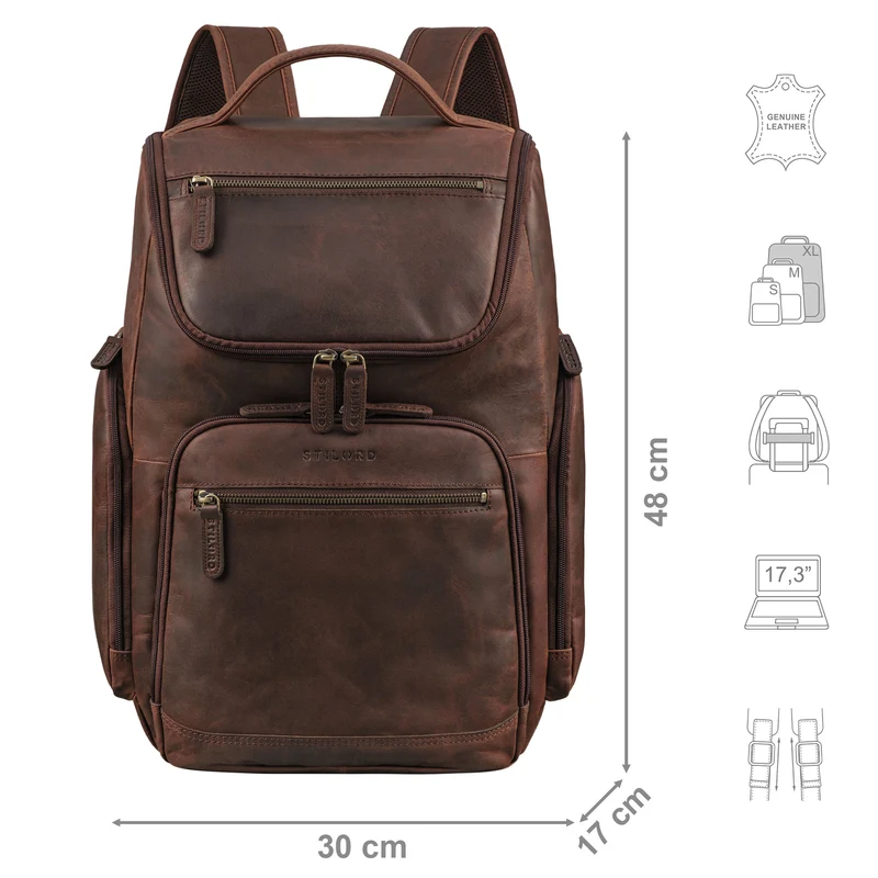 "Reggie" XL Leder Rucksack Herren mit 15 - 17 Zoll Laptop Fach Groß