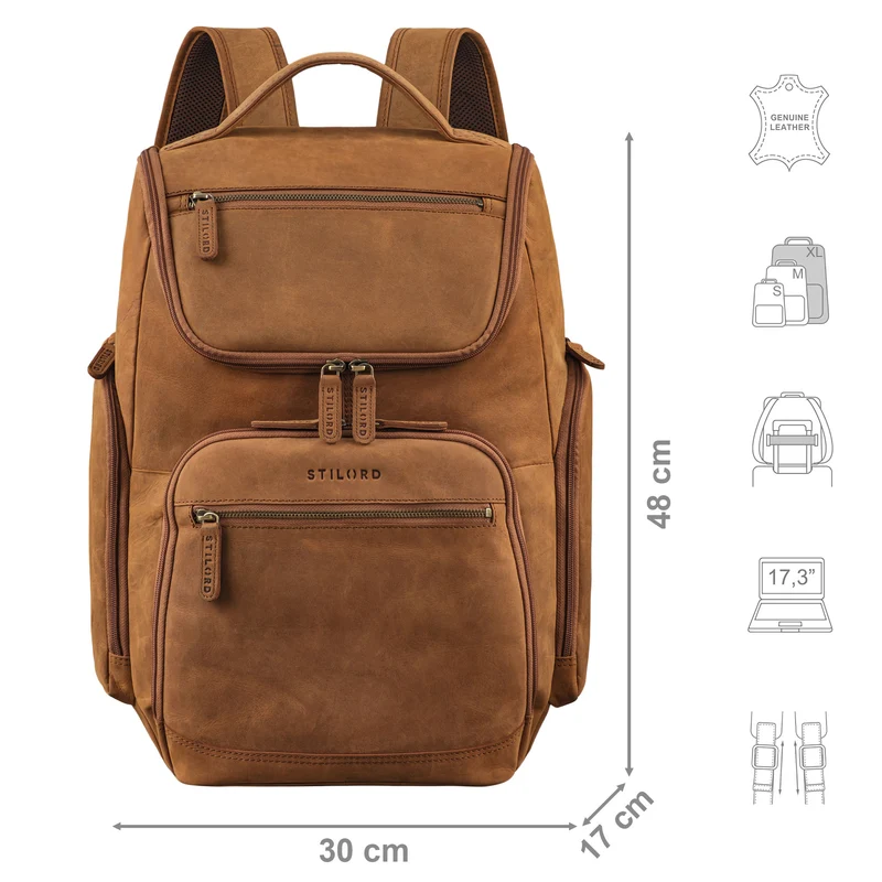 "Reggie" XL Leder Rucksack Herren mit 15 - 17 Zoll Laptop Fach Groß