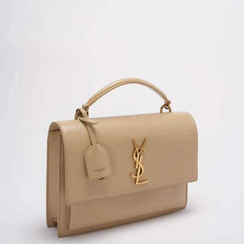 Saint Laurent Sunset Bag Medium Kalbsleder Monogramm Beige mit goldenen Beschlägen