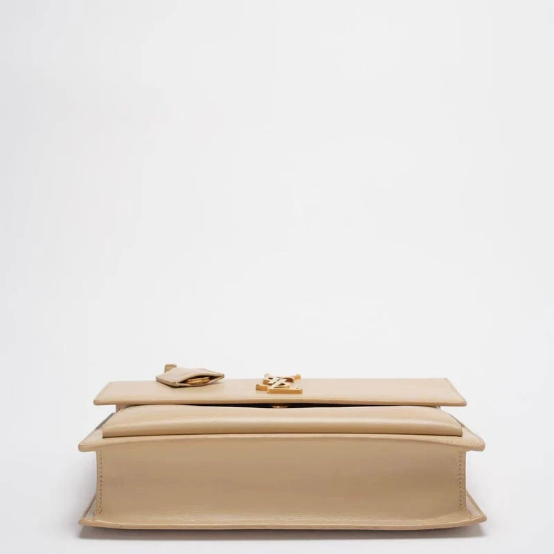 Saint Laurent Sunset Bag Medium Kalbsleder Monogramm Beige mit goldenen Beschlägen