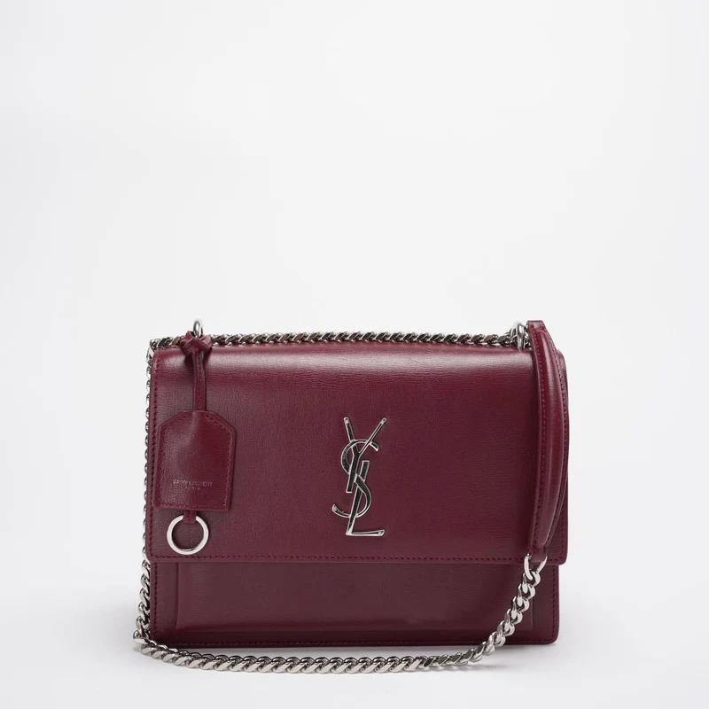 Saint Laurent Sunset Bag Burgundy Box Leder mit silberner Hardware Medium