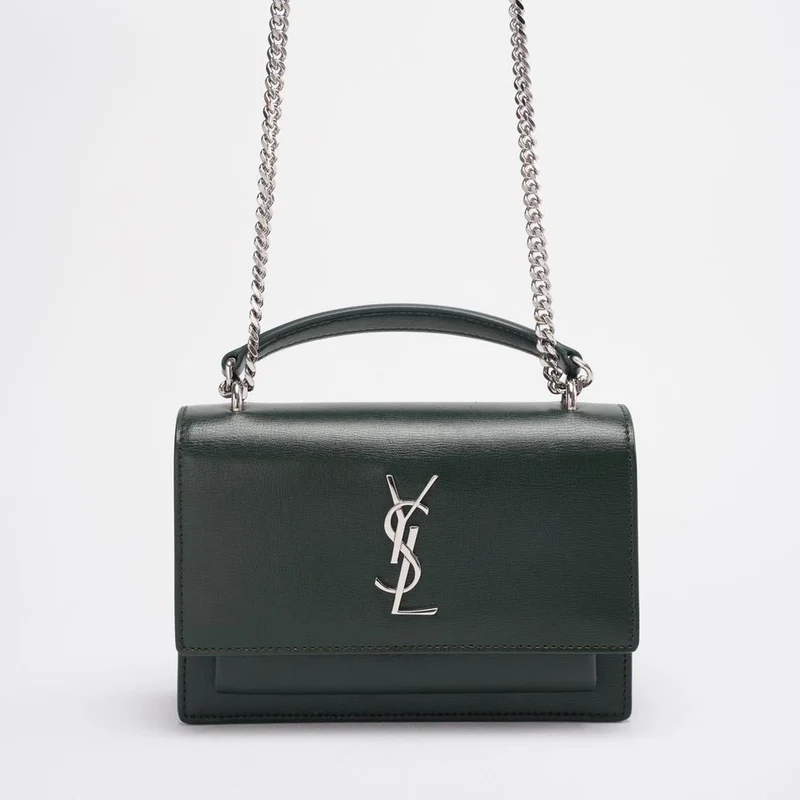 Saint Laurent Sunset Geldbörse mit Kette, Mini, Olivgrün mit silberfarbener Hardware