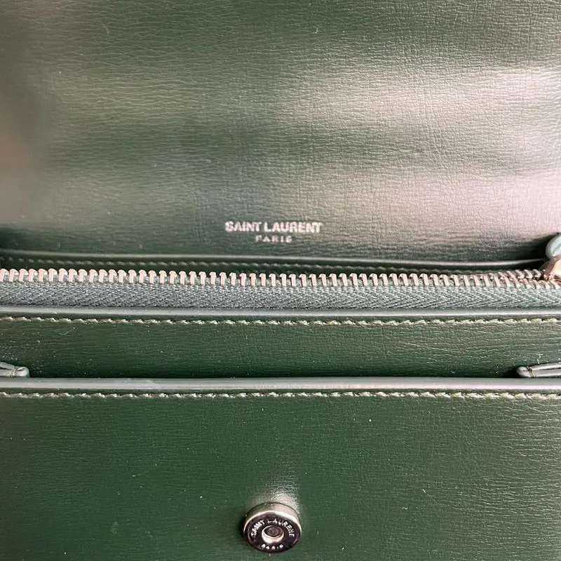 Saint Laurent Sunset Geldbörse mit Kette, Mini, Olivgrün mit silberfarbener Hardware