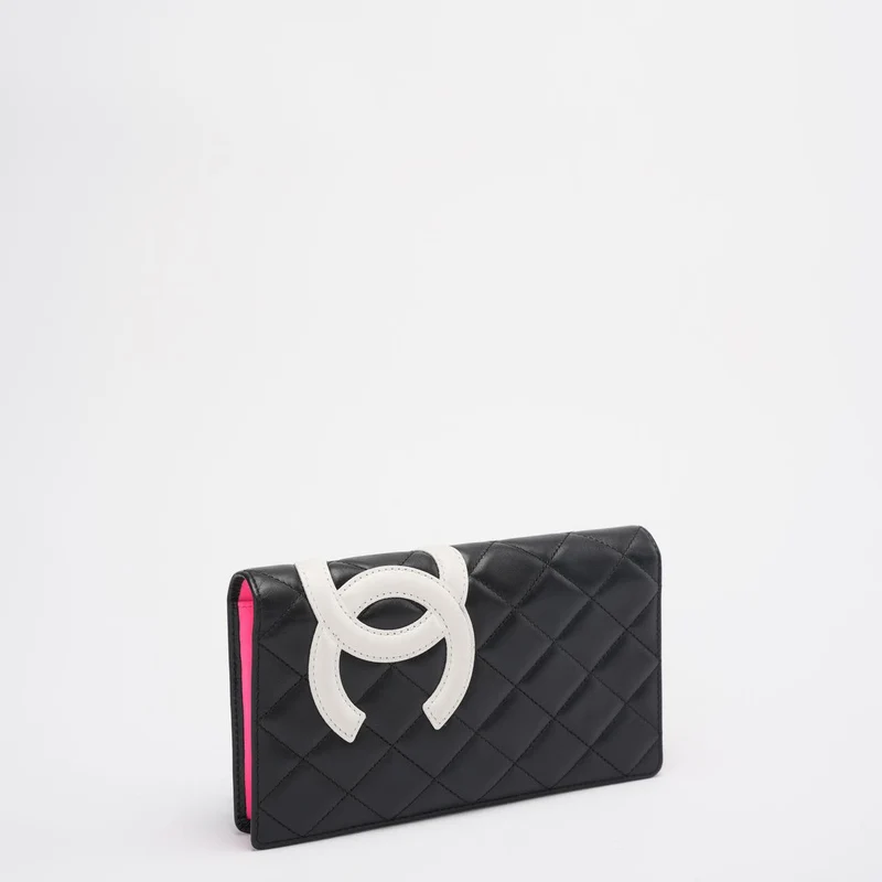 Chanel Cambon Wallet Klassisches schwarz-weißes Portemonnaie aus gestepptem Kalbsleder mit rosa Innenausstattung