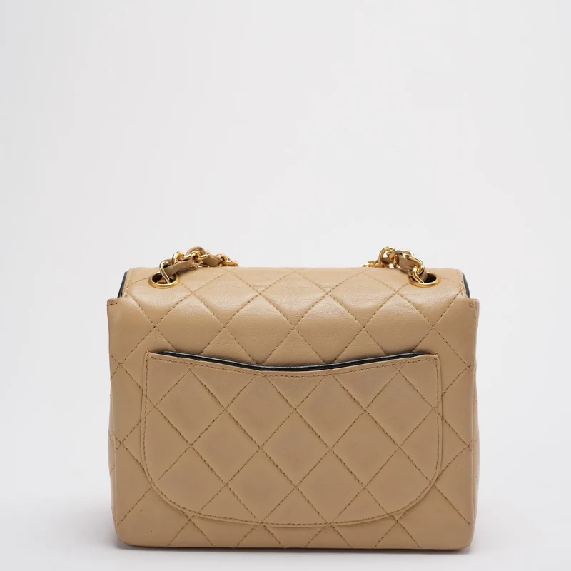 Chanel Vintage Classic/Timeless Mini Square Flap 11.12 Tasche in Beige-Schwarz mit 24 Karat Goldbeschlägen