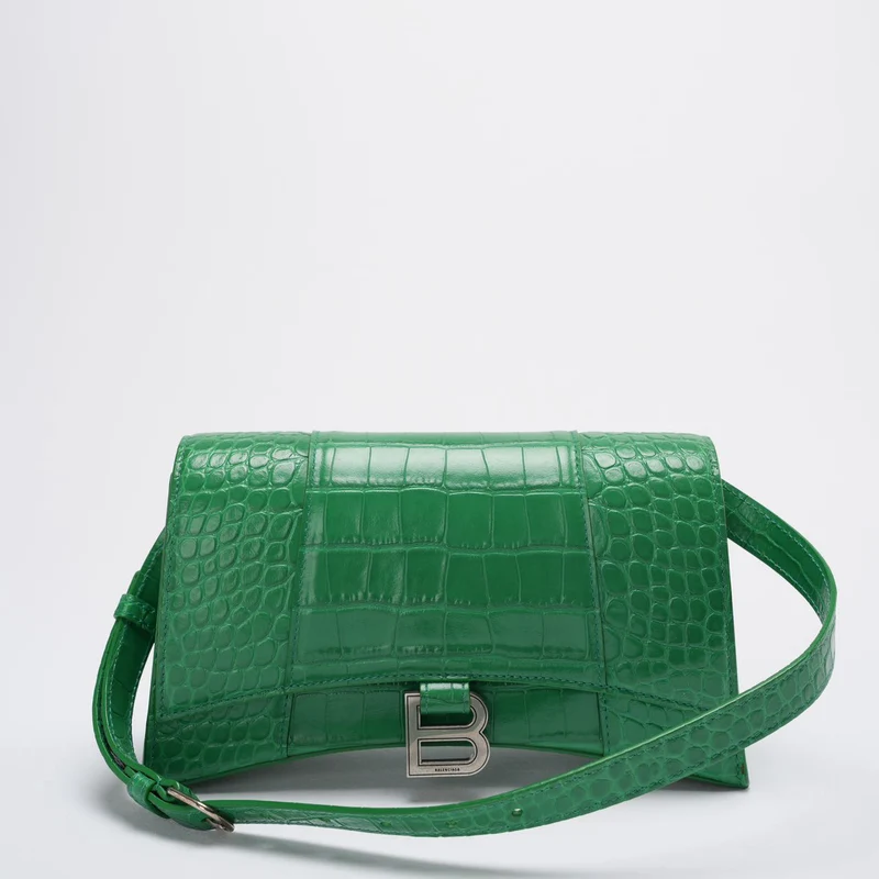 Balenciaga Kleine Hourglass Sling-Schultertasche aus glänzendem Kalbsleder mit Krokodilprägung, Blattgrün