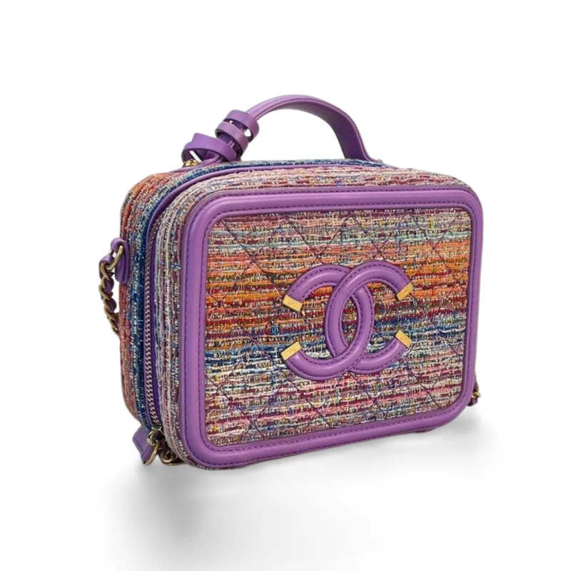 Chanel Tweed Kosmetiktasche mit goldenen Metallteilen, klein, mehrfarbig