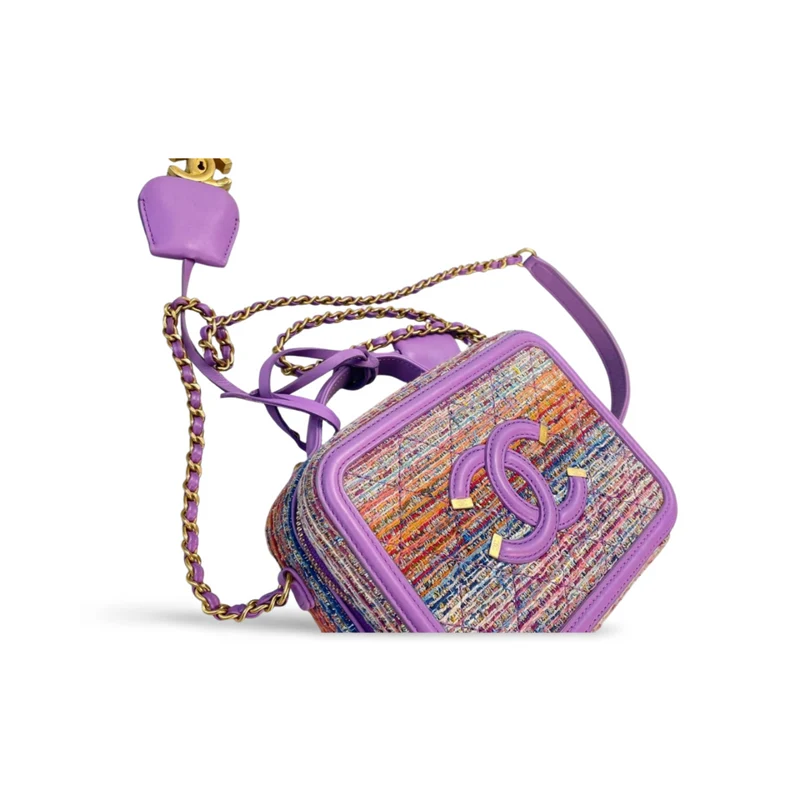 Chanel Tweed Kosmetiktasche mit goldenen Metallteilen, klein, mehrfarbig