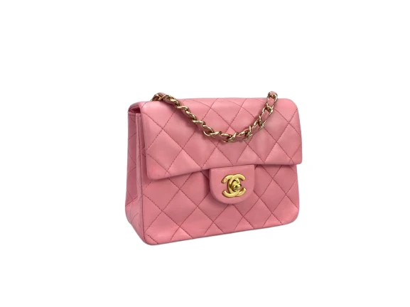 Chanel Vintage Rose Pink Classic Mini Square Flap Bag aus Lammleder mit goldenen Beschlägen