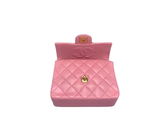 Chanel Vintage Rose Pink Classic Mini Square Flap Bag aus Lammleder mit goldenen Beschlägen