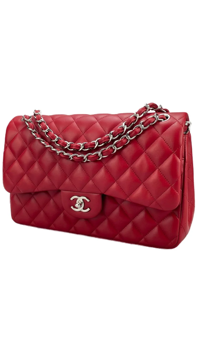 Chanel Red Timeless Classic Jumbo-Tasche aus Lammleder mit silberner Hardware
