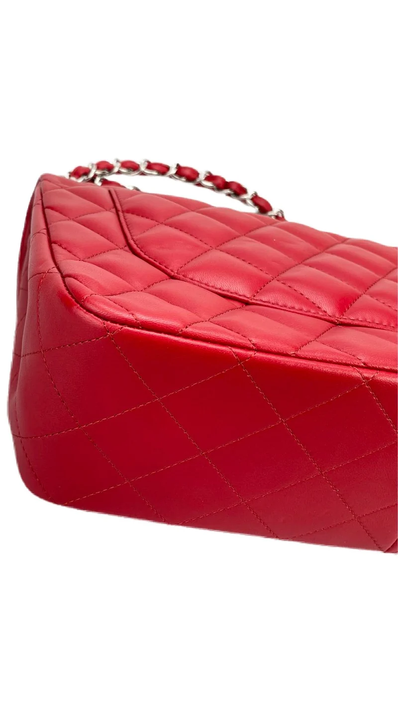 Chanel Red Timeless Classic Jumbo-Tasche aus Lammleder mit silberner Hardware
