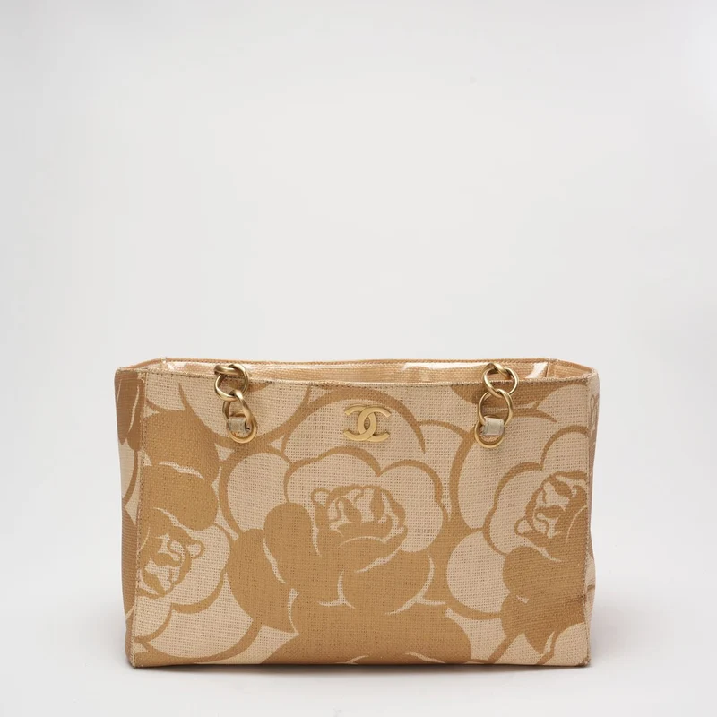 Chanel Raffia Camellia Kleine Einkaufstasche Beige