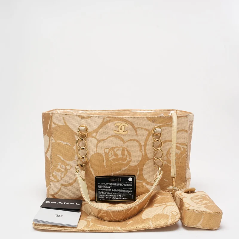 Chanel Raffia Camellia Kleine Einkaufstasche Beige