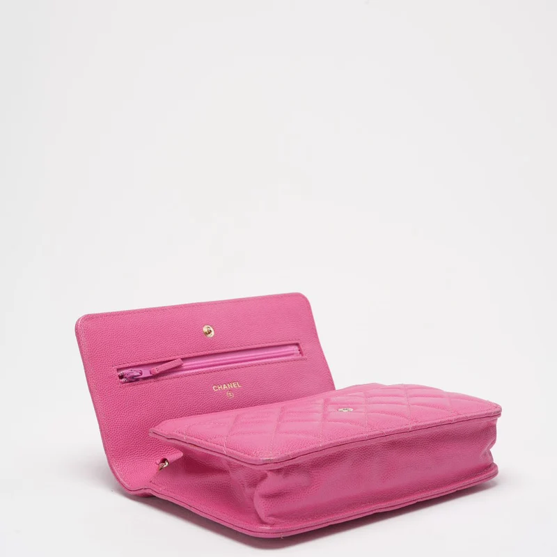 Chanel Timeless Wallet mit Kette, Hot Pink Caviar Leder
