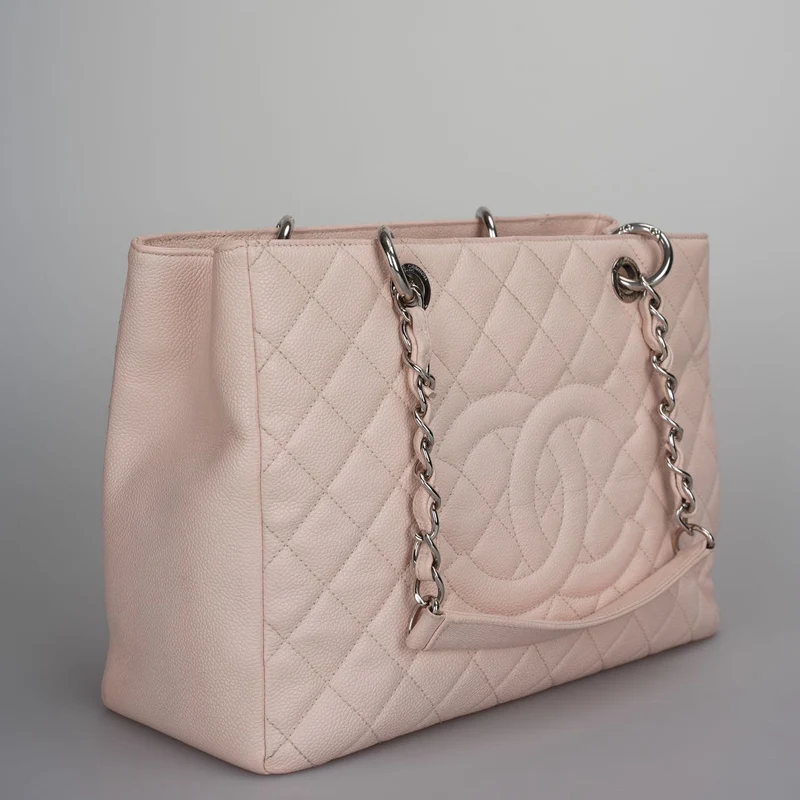 Chanel Kirschblütenrosa Grand Shopping Tote GST Tasche aus Kaviarleder mit silberner Hardware