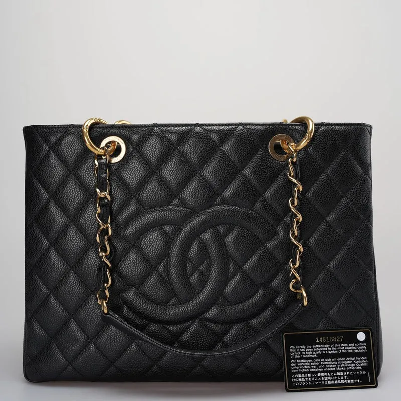 Chanel Grand Shopping Tote Schwarze GST-Tasche aus Kaviarleder mit goldener Hardware Medium
