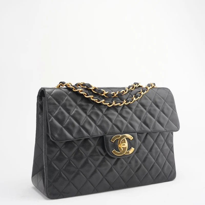 Chanel Vintage Schwarze Maxi Classic Flap Bag Lammleder 1991-1994