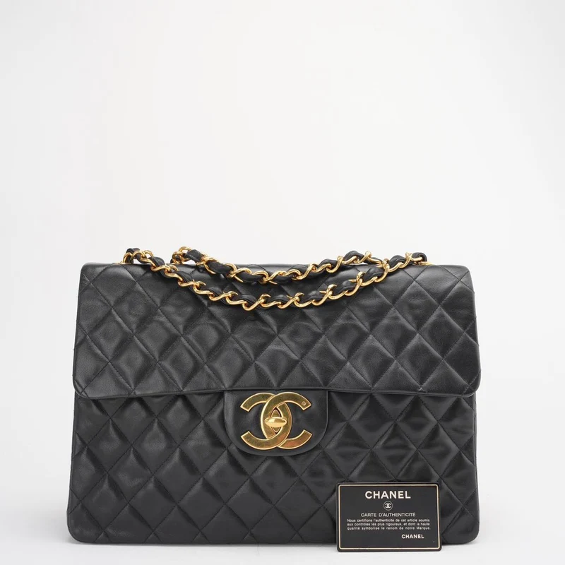Chanel Vintage Schwarze Maxi Classic Flap Bag Lammleder 1991-1994