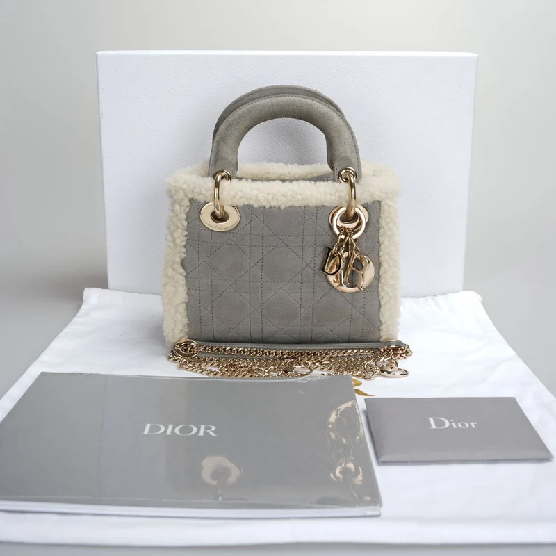 Christian Dior Lady Dior Gebraucht 2020 Mini Wildleder Shearling Cannage Lady Dior Umhängetasche