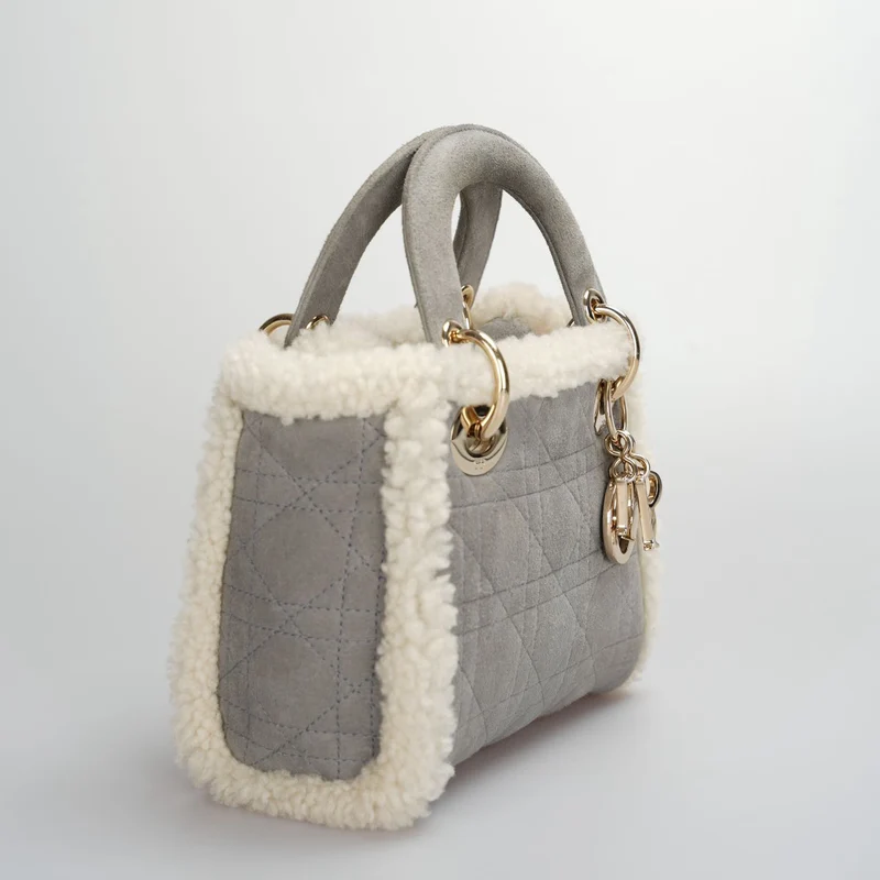 Christian Dior Lady Dior Gebraucht 2020 Mini Wildleder Shearling Cannage Lady Dior Umhängetasche
