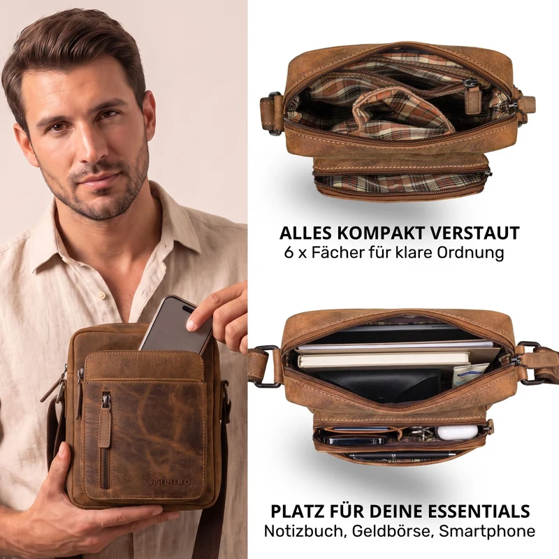 "Dain" Schultertasche Herren Leder Klein Umhängetasche