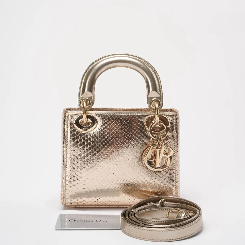 Dior Mini Lady Dior Tasche Gold aus Pythonleder mit goldenen Beschlägen