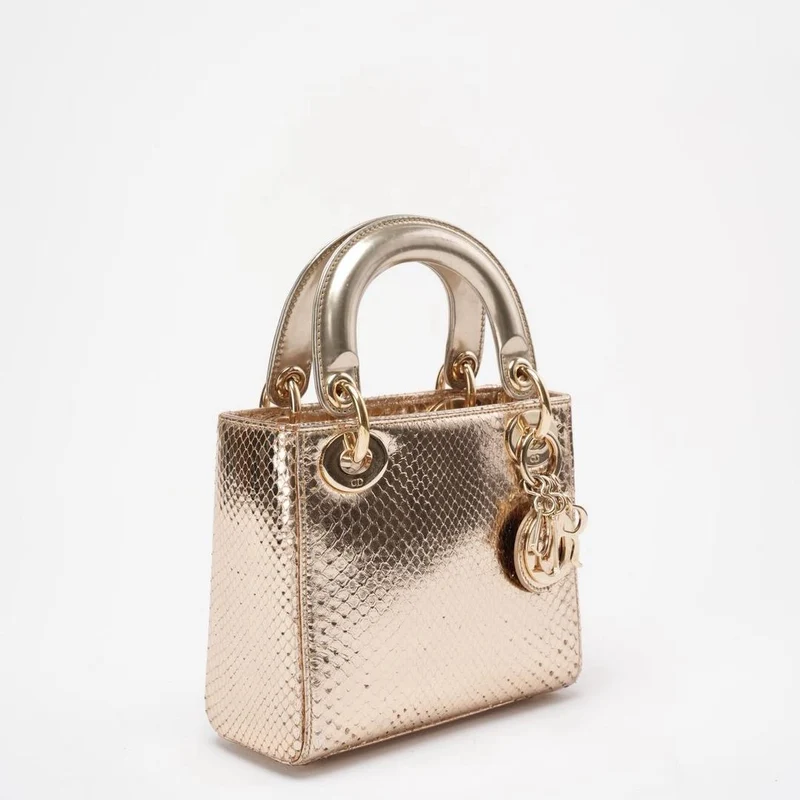 Dior Mini Lady Dior Tasche Gold aus Pythonleder mit goldenen Beschlägen