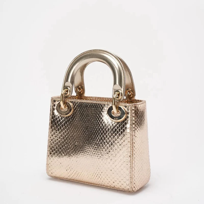 Dior Mini Lady Dior Tasche Gold aus Pythonleder mit goldenen Beschlägen