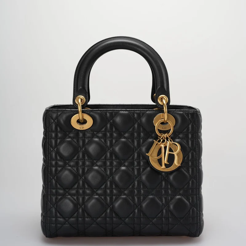 Christian Dior Schwarzes mittelgroßes Lammleder mit goldener Hardware von 2017