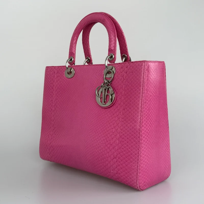 Christian Dior Große Lady Dior Tasche mit rosa Pythonleder und silberner Hardware