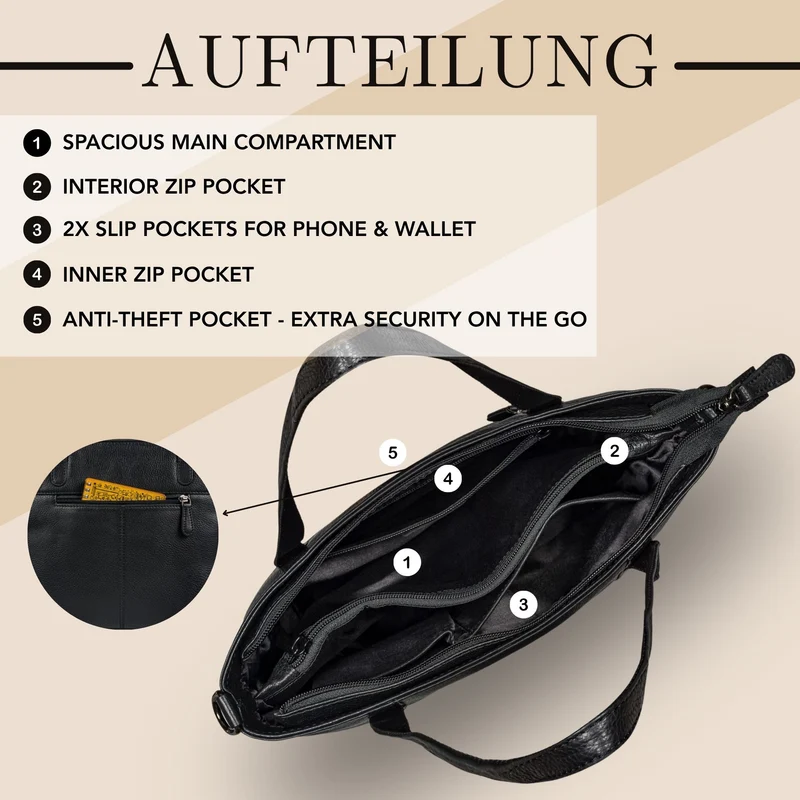 "Elodie" Elegante Handtasche Damen Mittelgroß Leder für Laptop bis 13 Zoll