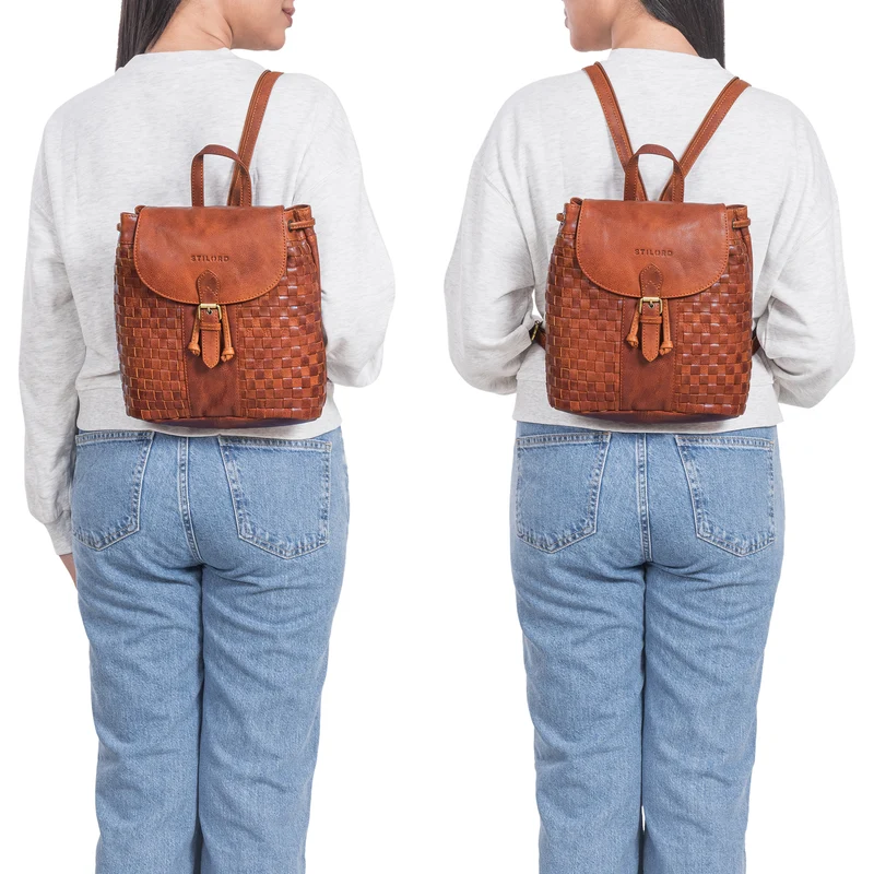"Camilla" Kleiner Lederrucksack Damen im Boho-Look geflochten