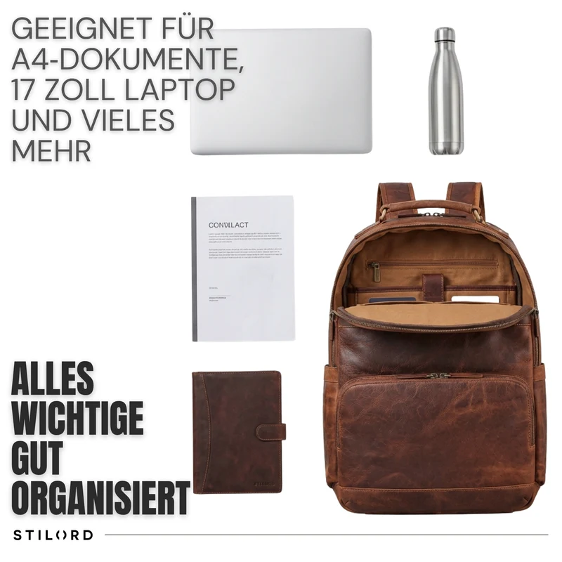"Pavel" Business Lederrucksack Vintage mit 17.3 Zoll Laptopfach Herren Damen