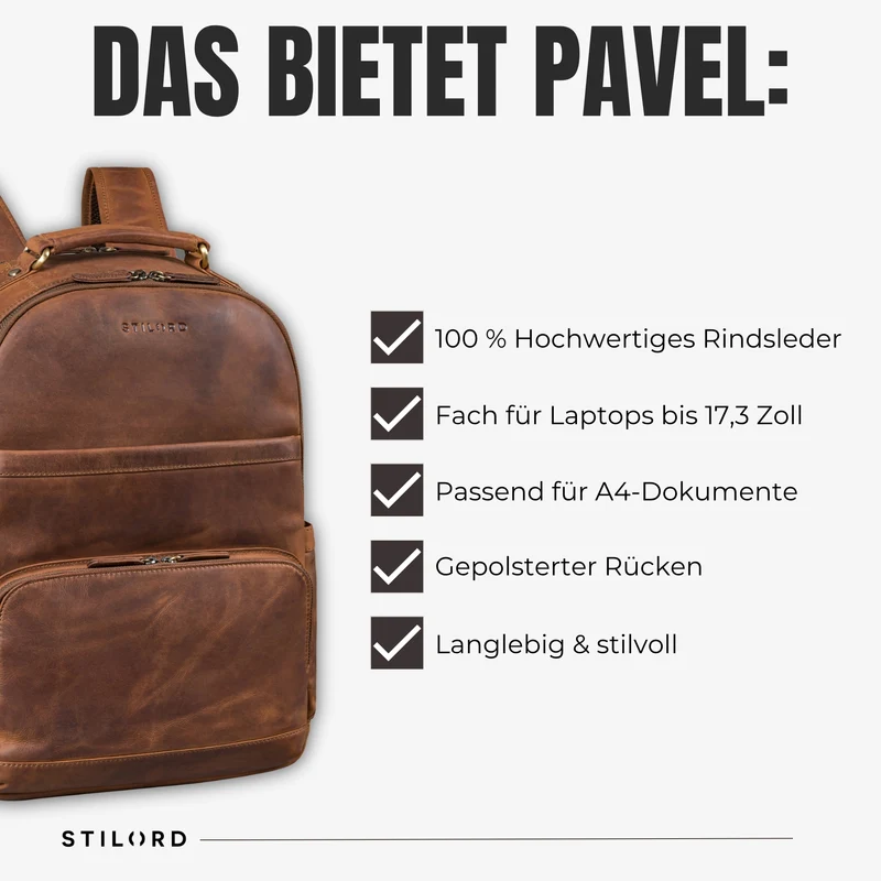 "Pavel" Business Lederrucksack Vintage mit 17.3 Zoll Laptopfach Herren Damen