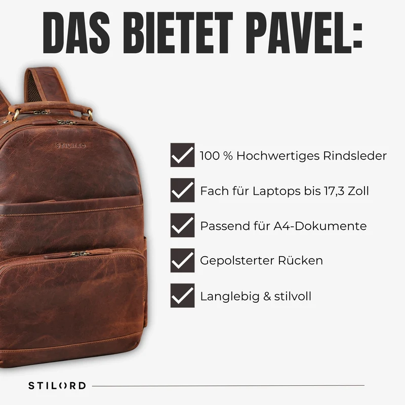 "Pavel" Business Lederrucksack Vintage mit 17.3 Zoll Laptopfach Herren Damen