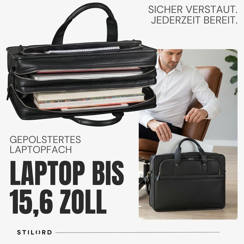 "Paolo" Geräumige Aktentasche Herren Leder Arbeitstasche 15,6 Zoll Laptop